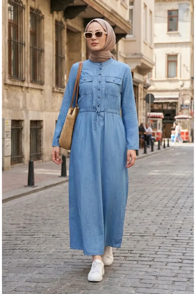 sefamerve Half-Buttoned Drawstring Waist Denim Dress 28012-01 Blue