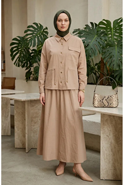 sefamerve Costum cu nasturi șnur în talie piese 0247-04 Bej