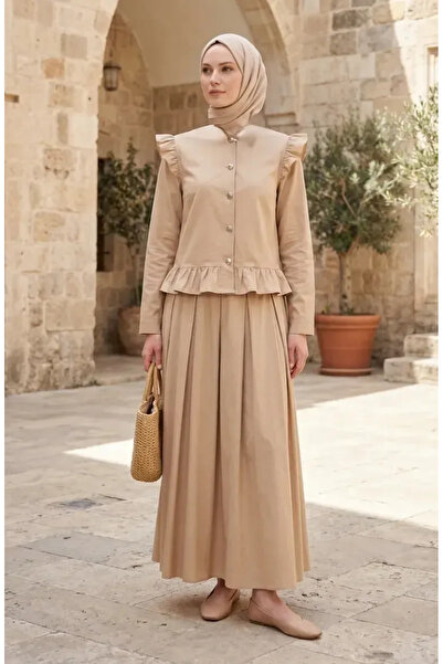 sefamerve detaliu cu volane Costum dublu cu nasturi în față 0248-05 Maro lăptos