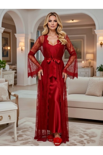 NAHAWAND Lüks Dantelli Saten Sabahlık Takımı - Özel Tasarım Elegant Gecelik v...