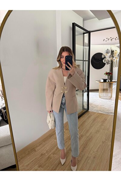 CKBUTİK Taş Rengi Yakasız Blazer Ceket-9726