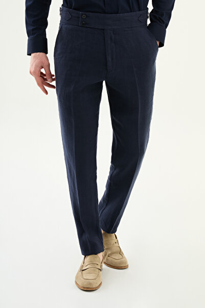 Mcr بنطلون رجالي مستقيم قصة ضيقة حزام بإبزيم 100% كتان باللون الأزرق الداكن -...