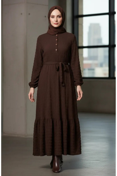 sefamerve Waffle Fabric Elastic Sleeve Dress 2243-03 Brown