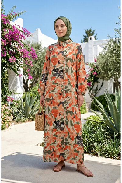 sefamerve Elastic Sleeves Patterned Dress 0249-03 Salmon Khaki