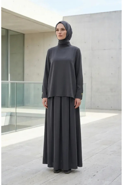 sefamerve Set dublu cu fustă tunică și nasturi pe mâneci 0246-05 Gri închis