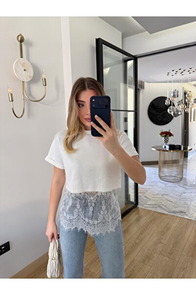 CKBUTİK Λευκή φούστα με λευκό δαντελένιο μπλουζάκι 1074