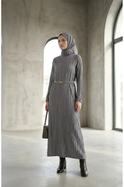 sefamerve Bürümcük Fabric Belted Dress 2239-01 Gray