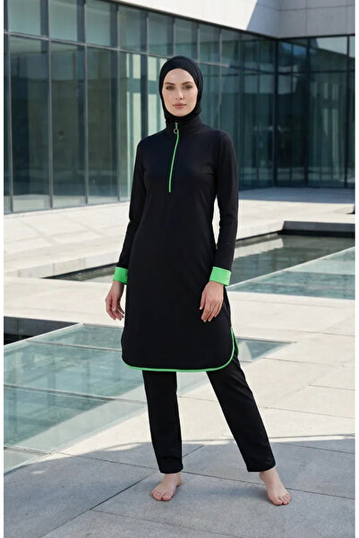 sefamerve Yakası Zip Detail Hijab Swimsuit 2601-01 Black