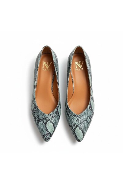 NE&VE SHOES Mavi Deri Yılan Baskı Sivri Burun Şık Ve Rahat Günlük Babet