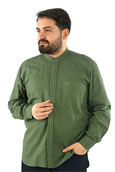 İkranur Блуза с бродерия за хадж и умра, с дълги ръкави, в цвят хаки, с карет...