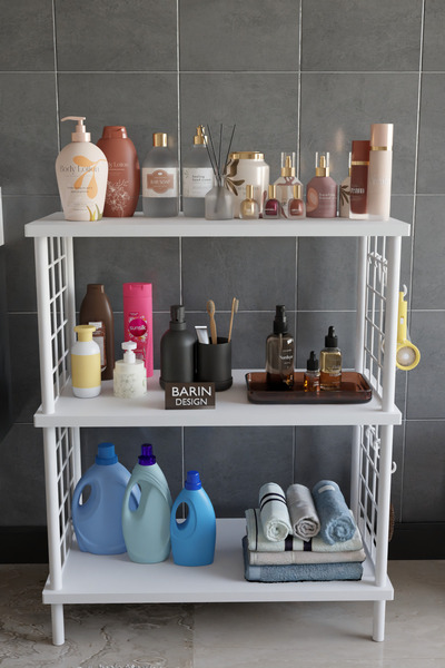 BARIN DESIGN 3 Raflı Çevir Tak Beyaz Telli Metal Gövdeli Çok Amaçlı Banyo Raf...
