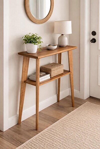 AZM DESİGN Modern 75x90 Koyu Meşe Dresuar | 2 Raflı Ahşap Konsol Masa | Antre...