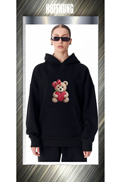 HOFFNUNG unisex Βαμβάκι lu oversized Heart Bear με τύπωμα με κουκούλα Άνετο κ...