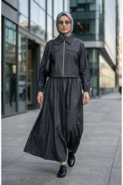 sefamerve Zippered Denim Look Double Suit 0254-02 Black