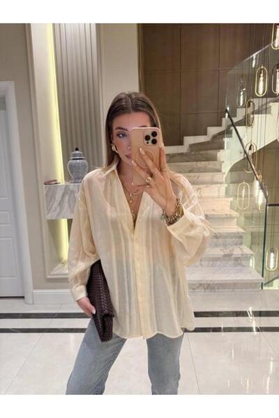 CKBUTİK Ekru Oversize Transparan Tensel Gömlek - 4914