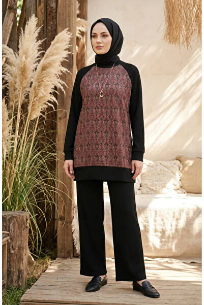 sefamerve cu model Set dublu pantaloni tunică 2245-03 Roșu Claret Negru