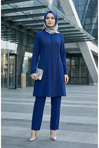 sefamerve Plus Size Bead Embroidered Double Suit 6290-03 Par Lamé Nt