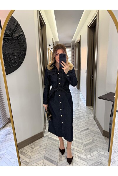 CKBUTİK Rins Yıkama Kuşaklı Denim Elbise