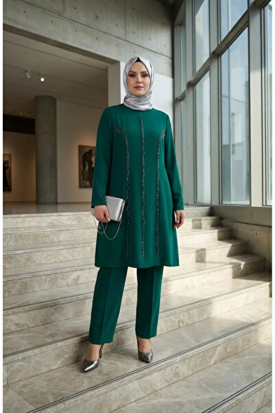 sefamerve Plus Size Bead Embroidered Double Suit 6290-04 Emerald Green