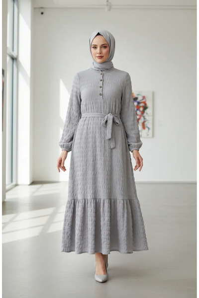 sefamerve Rochie din țesătură Gofre cu mâneci elastice 2243-05 Gri