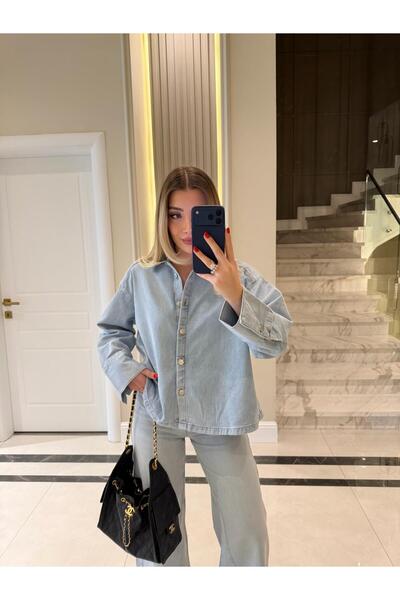 CKBUTİK Buz Mavi Polo Yaka Oversize Denim Gömlek