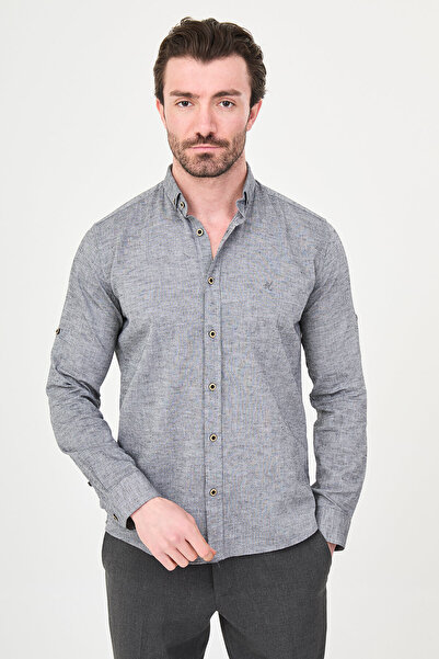 Mcr Düz Slim Fit Basic Linen Men's Shirt Dark Navy - 37356.21Y