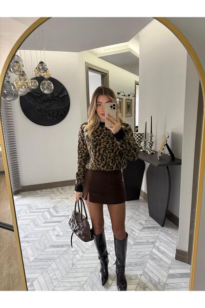 CKBUTİK Siyah-Camel Leopar Desenli Kazak-1178