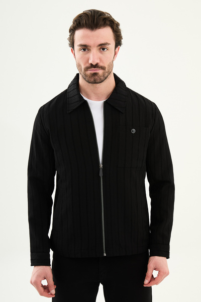 Mcr Striped Slim Fit Shirt Collar Spring Men's Coat Black - 39660.26Y