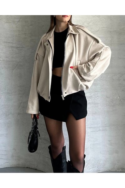 02Lady Fashion Oversize Apolet Detaylı Süet Kumaş Ceket