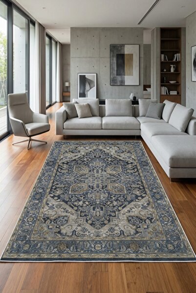 VOPTEKS Lacivert Halı Salon Halısı Makinede Yıkanabilir Halı Kaymaz Taban Halı