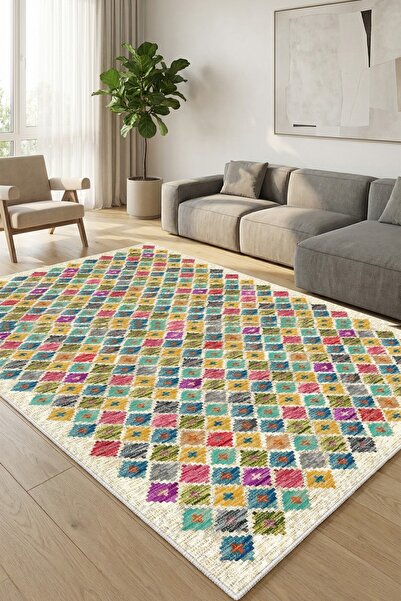 VOPTEKS Renkli Halı Salon Halısı Makinede Yıkanabilir Halı Kaymaz Taban Halı