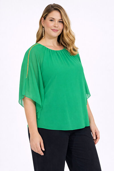 Şans Women's Plus Size Green, Chiffon Yarasakol, Shoulder Stone Striped Detai...