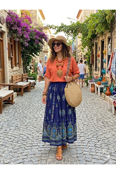 AYASOFYA OTANTIK Γυναικεία μακριά φούστα με ινδικό κέντημα από παγιέτες