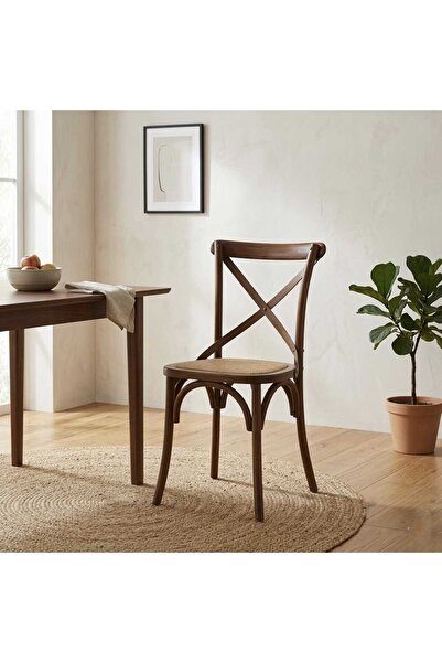 Arnohome كرسي طعام خشبي كلاسيكي بظهر متقاطع ومقعد روطان مجدول