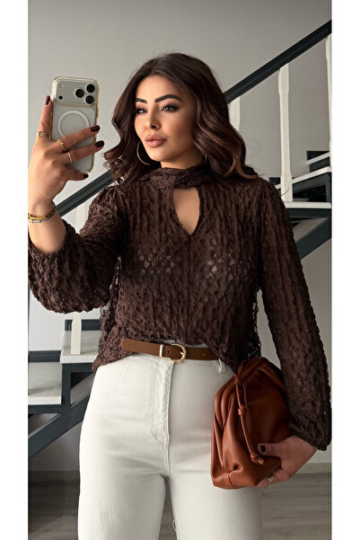 Oslove Bitter Brown Tie-Dye Detailed Lace Blouse