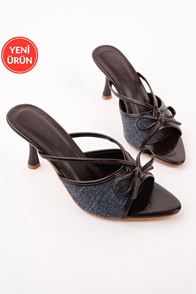 MARSHETTA Lorina Navy Blue Linen Bow Detail Women's Stiletto Heel U S Sandals...