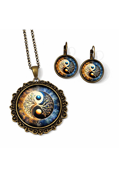 CrisArtDeco Set de bijuterii Yin Yang, pandantiv și cercei din bronz cu caboc...