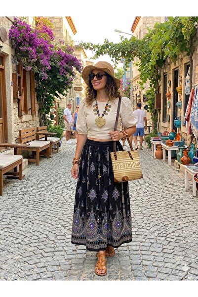 AYASOFYA OTANTIK Γυναικεία μακριά φούστα με ινδικό κέντημα από παγιέτες