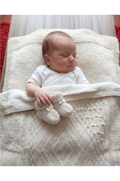 Manora Openwork Cotton Knitted Baby Blanket - with Booties as a Gift - with Bow - Inside Is Wellsoft Fleece - 80X100 cm