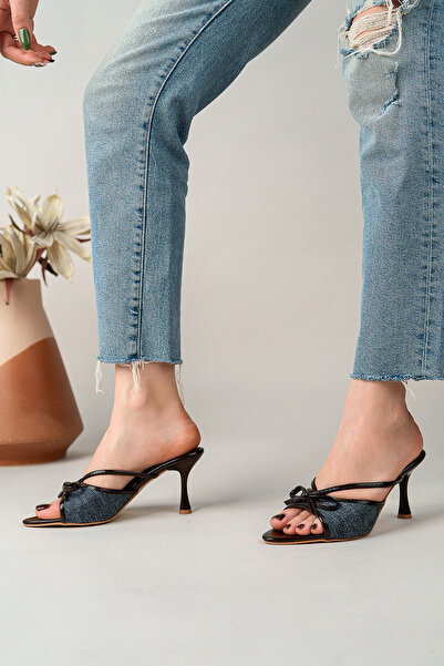 MARSHETTA Lorina Navy Blue Linen Bow Detail Women's Stiletto Heel U S Sandals...