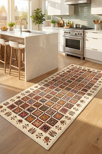 VOPTEKS Renkli Bej Halı Mutfak Halısı Makinede Yıkanabilir Halı Kaymaz Taban ...