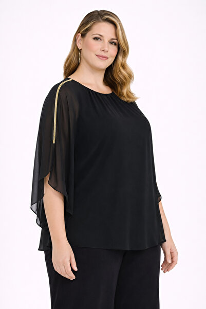 Şans Women's Plus Size Black, Chiffon Yarasakol, Shoulder Stone Striped Detai...