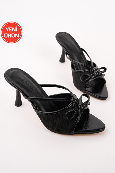 MARSHETTA Lorina Black Linen Bow Detail Women's Stiletto Heel U S Sandals Sli...