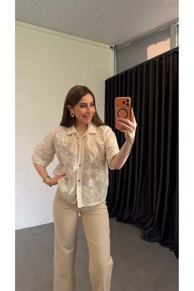 elif teke Crispy Beaded Italian Fabric Shirt Beige