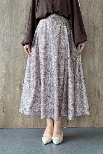 Şulemoda Giyim Ebruli Pattern Satin Skirt Copper