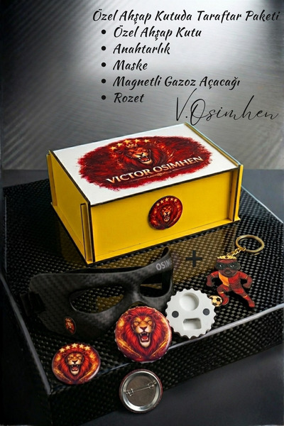 HERALDİS Osimhen Mask Keychain and Fan Gift Set in Special Wooden Box