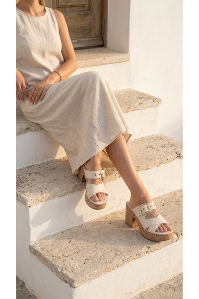 Limeo Buckle Detail Women's High Straw Look Shoes with Front Stripes Wedge Heel Slipper Sandals