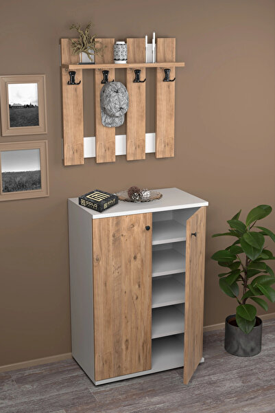 Energic Portmanto Vestiyer 5 Raflı Ayakkabılık Ve Çit Duvar Askılık Set Çam-B...