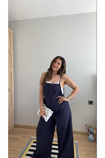 MODA ZERAFİNA Kadın Askılı Yandan Fermuarlı Geniş Paçalı Valencia Tulum