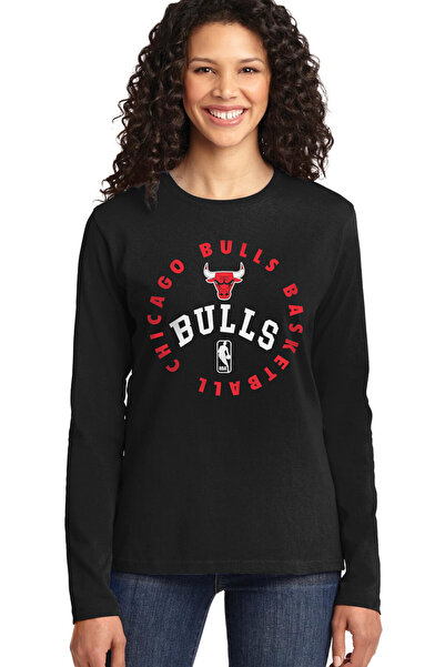 ROCKANDROLL Bulls Basketball Black Crew Neck Long Sleeve Combed Cotton Women'...